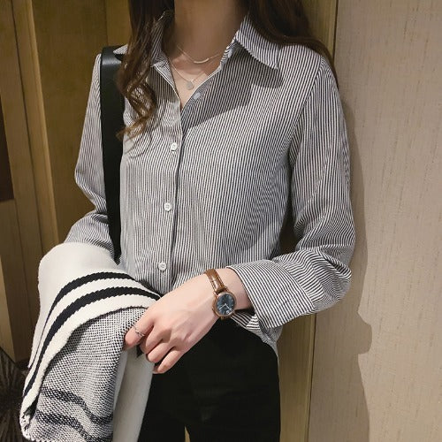 Frühlings-Damenhemd im koreanischen Stil – Neues, lässiges Studentenshirt, modisches, locker sitzendes, langärmeliges Hemd mit vertikalen Streifen